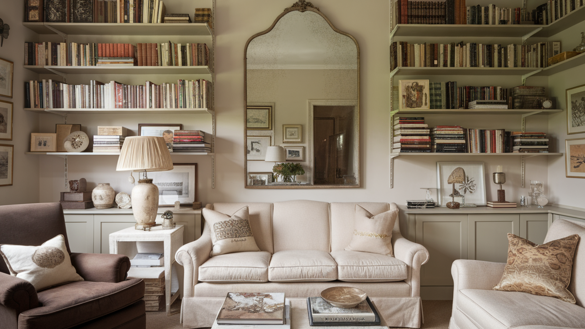 open shelves with books english cottage style