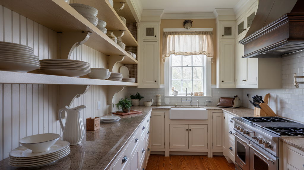 open shelving balanced use traditional kitchen