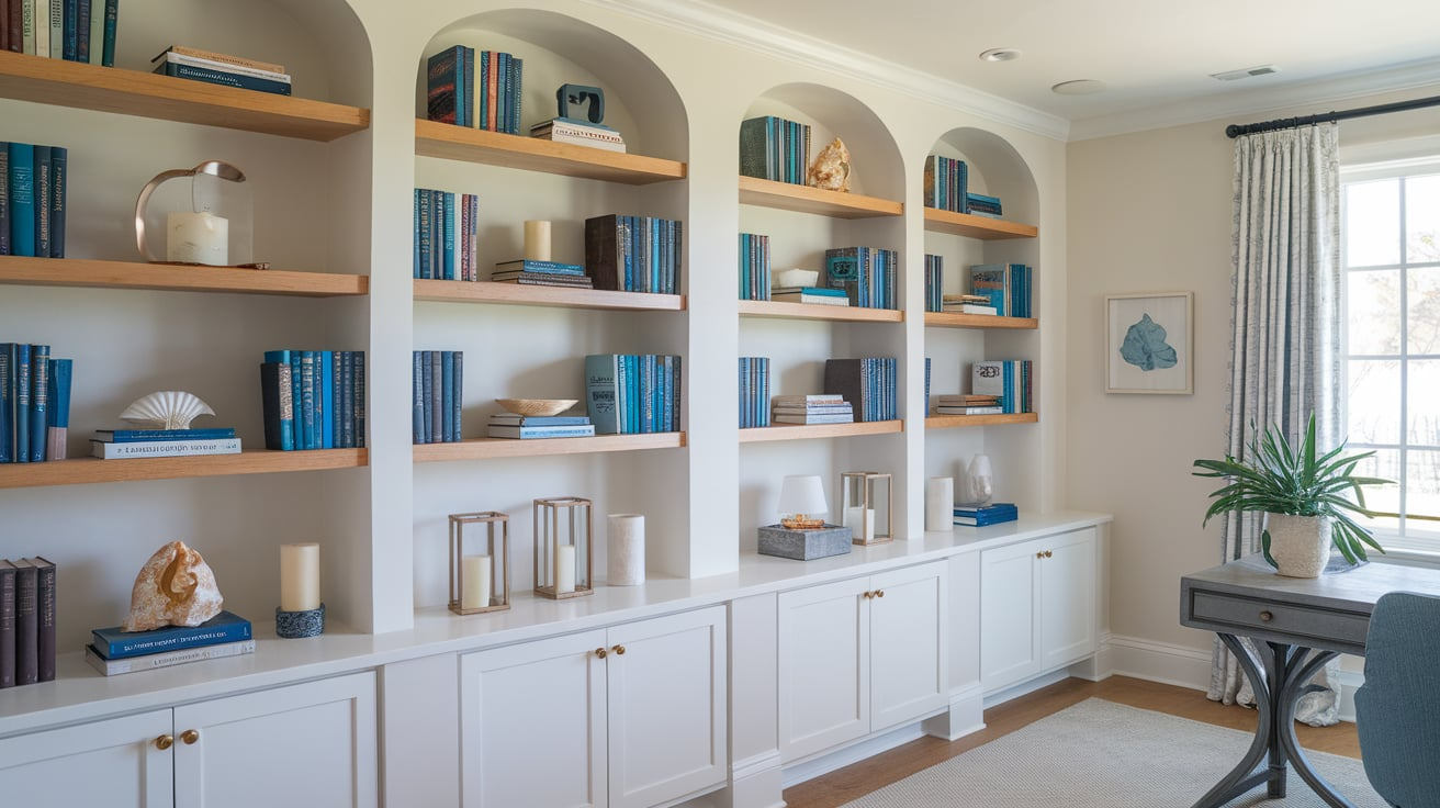 open shelving coastal home office beach decor ideas
