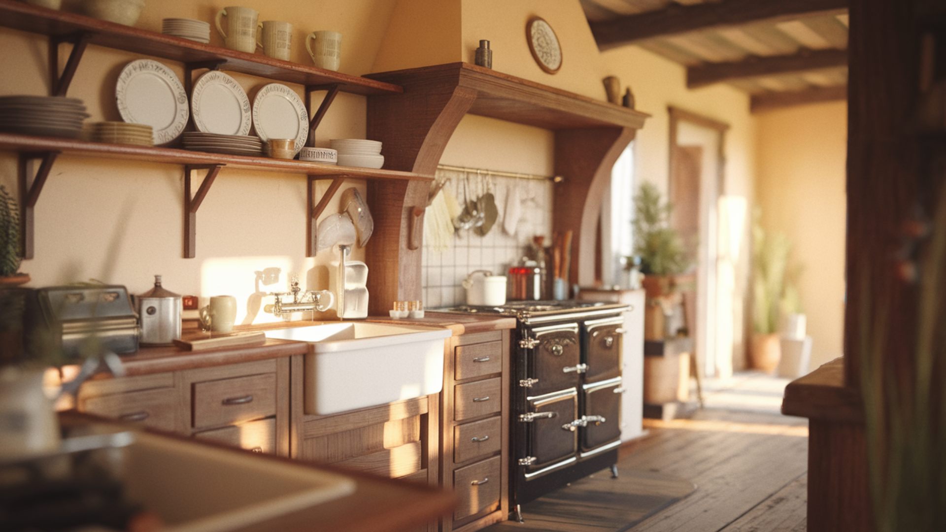 open wooden kitchen shelves english cottage style