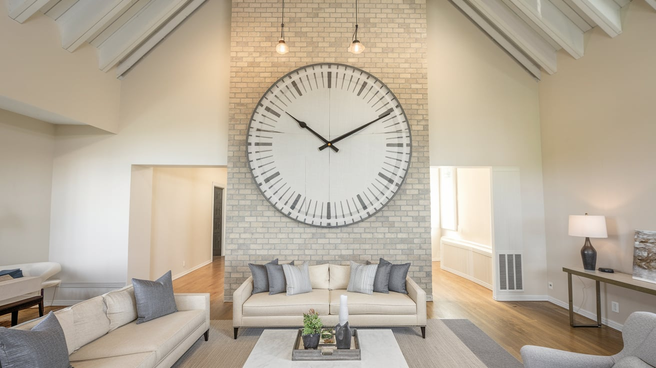 oversized wall clock high ceiling living room wall decor ideas