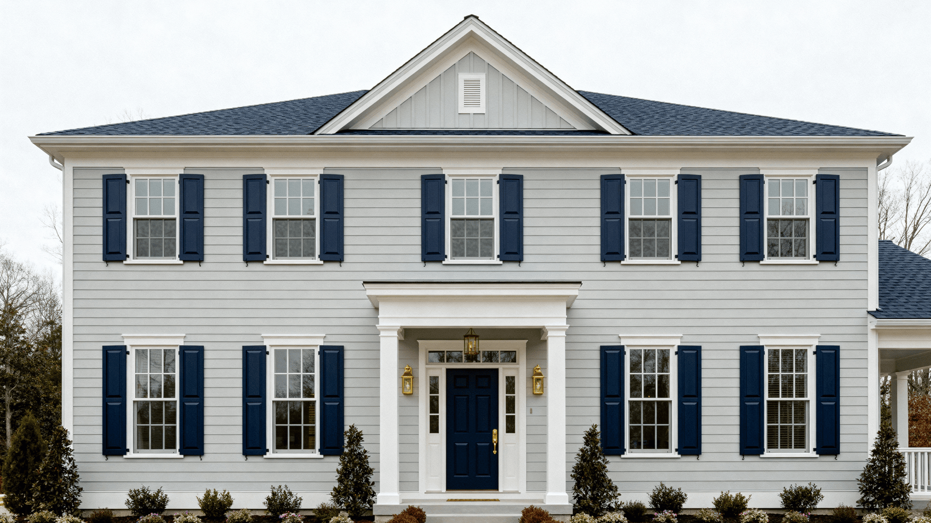 pearl grey with navy blue accents