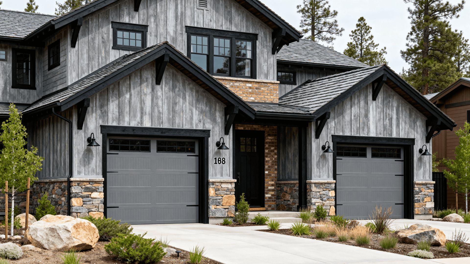 pewter grey with black trim and garage doors