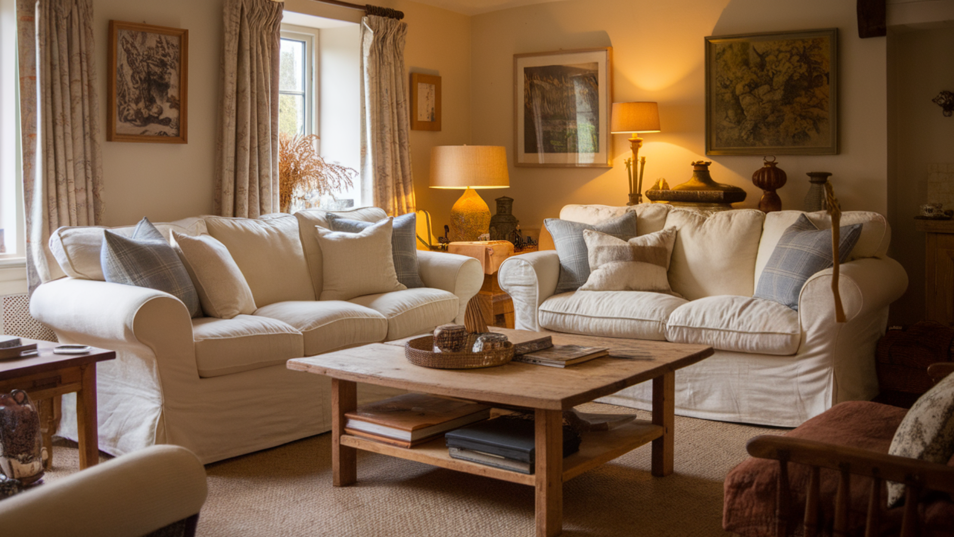 slipcovered sofa in cozy living room english cottage style