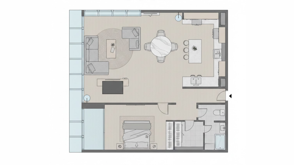 small open floor house plan one bedroom