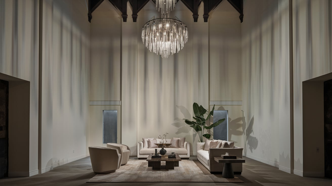 statement chandelier high ceiling living room wall decor ideas