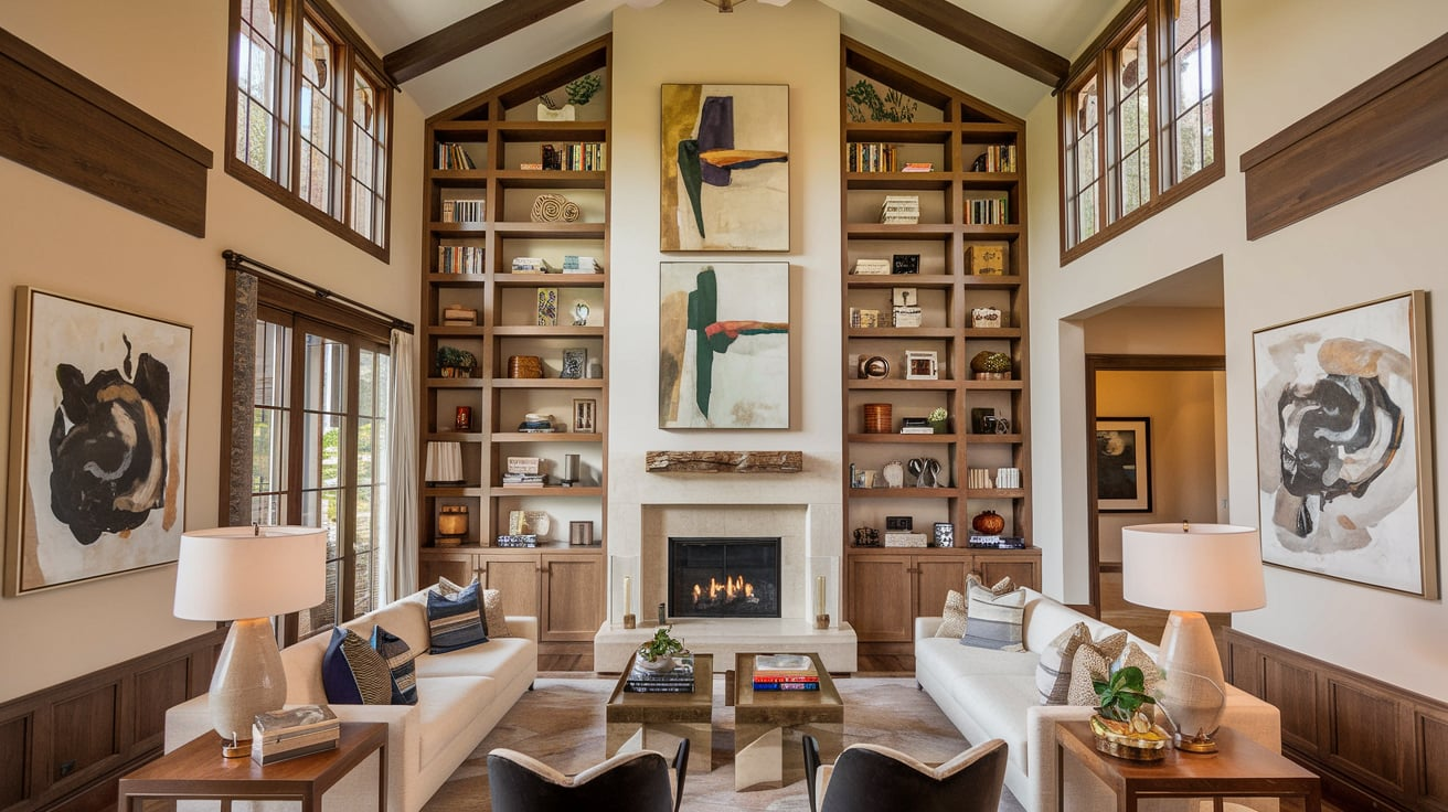 tall built in shelving high ceiling living room wall decor ideas