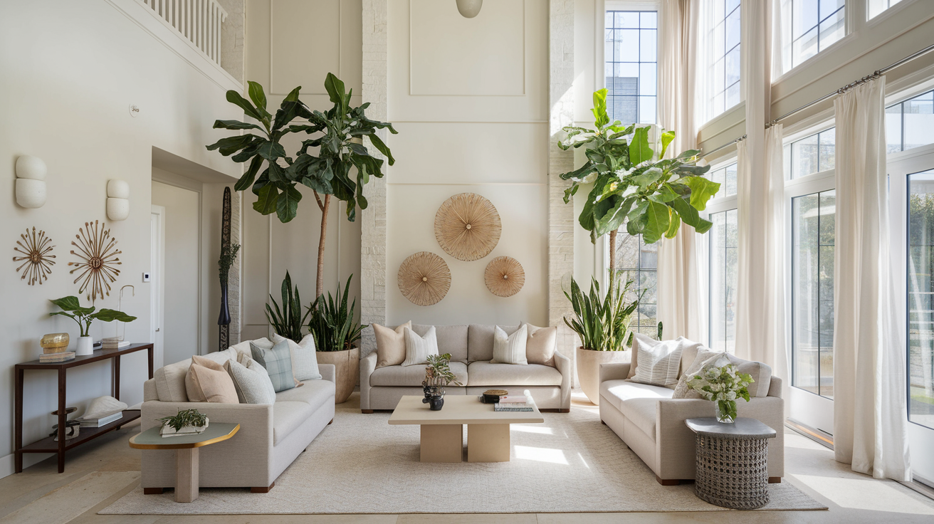 tall indoor plants high ceiling living room wall decor ideas
