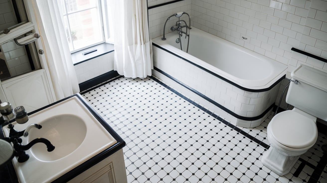 tiled floor with black border black and white bathroom