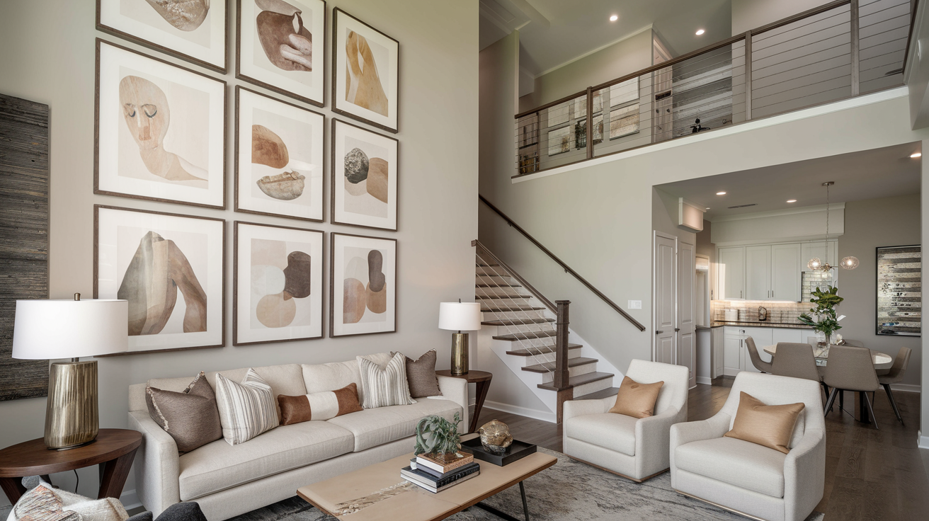 two story gallery wall high ceiling living room wall decor ideas