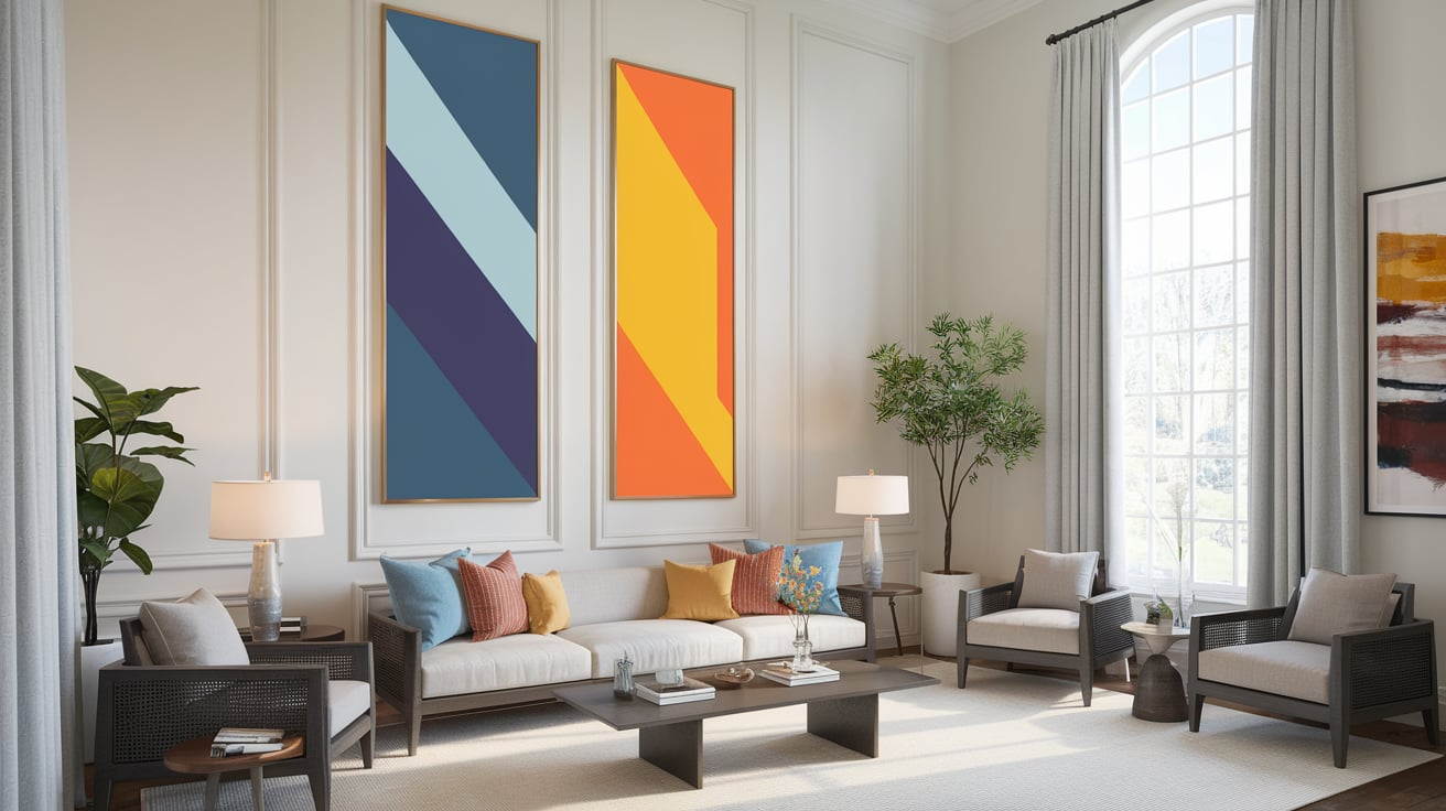 vertical art panels high ceiling living room wall decor ideas