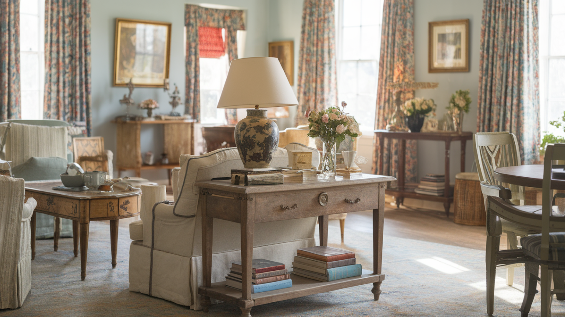 vintage side table in living room english cottage style