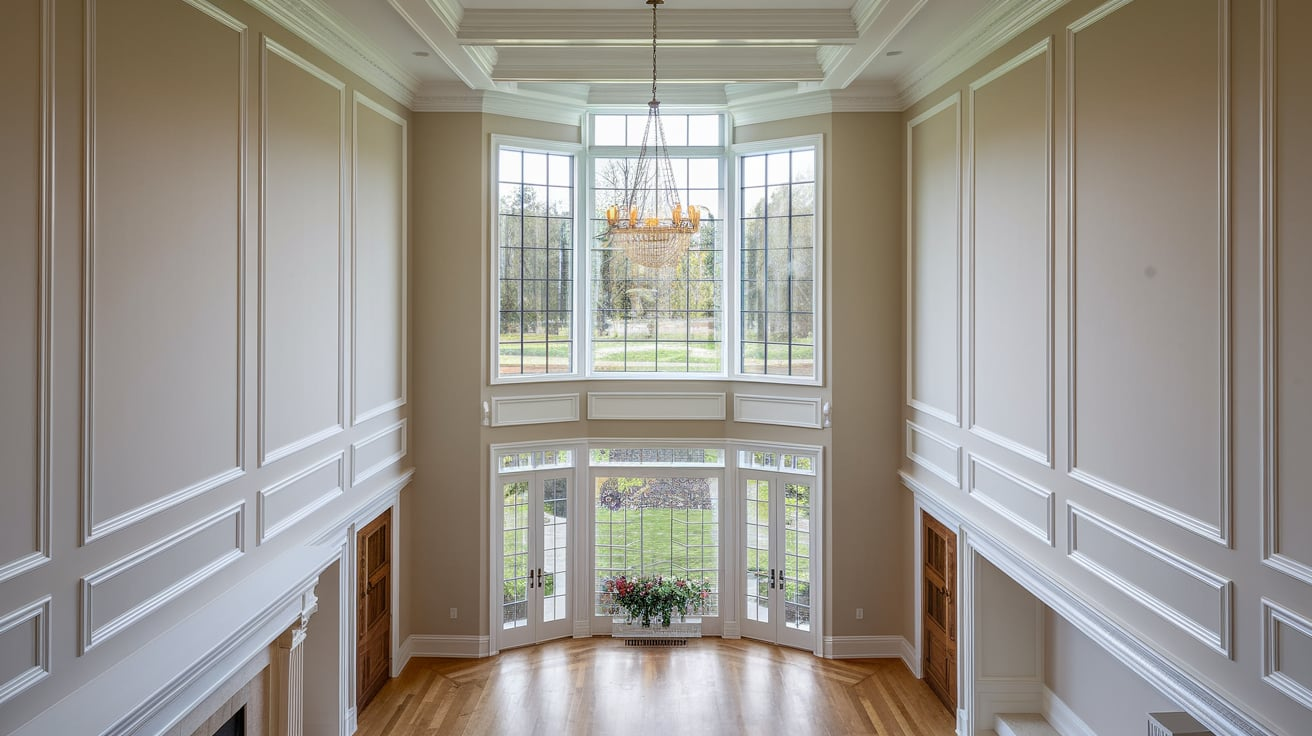 wall molding paneling high ceiling living room wall decor ideas