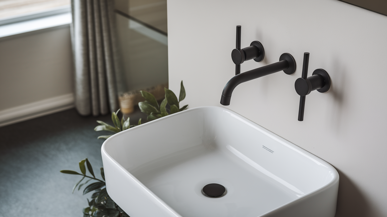 wall mounted black faucet black and white bathroom