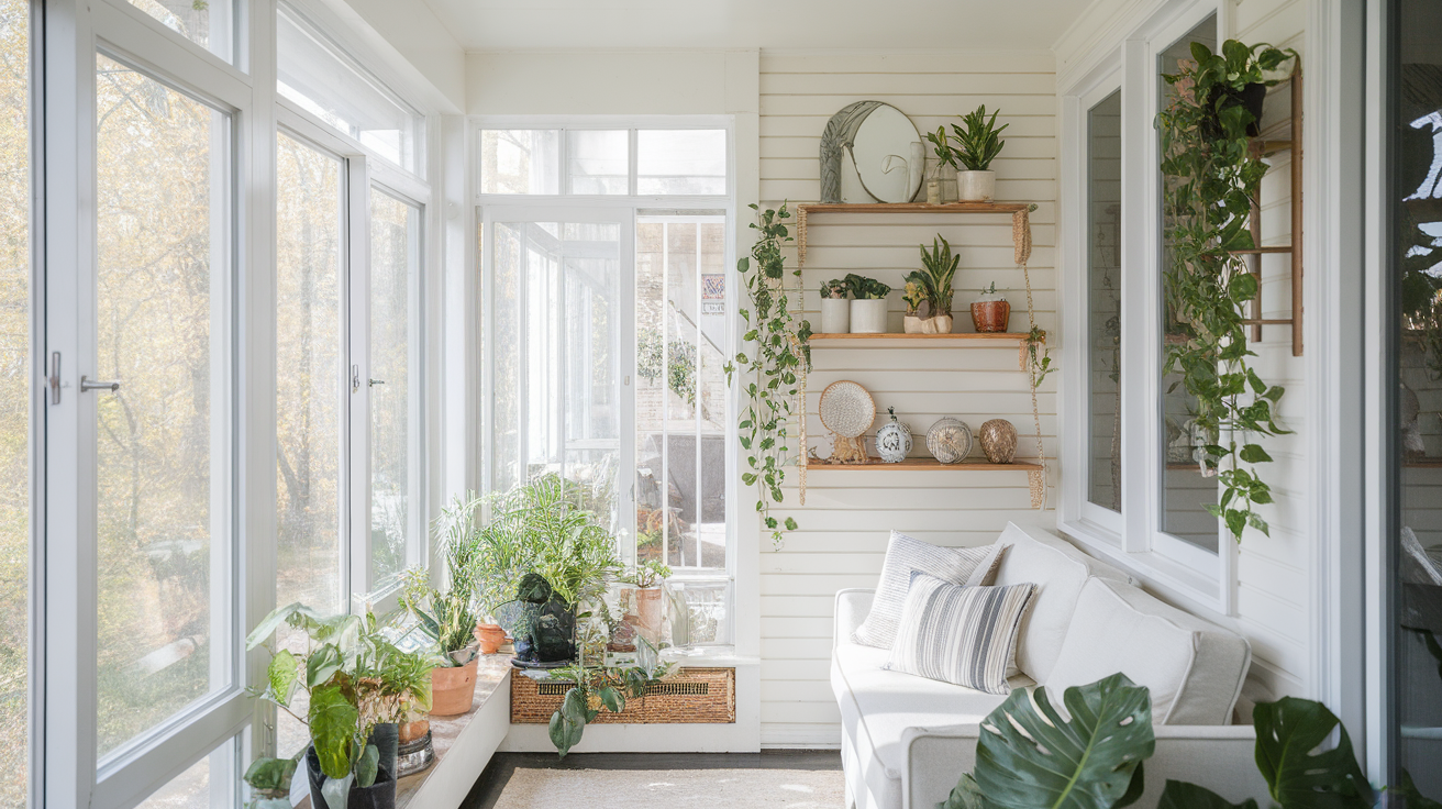wall shelves cozy small sunroom