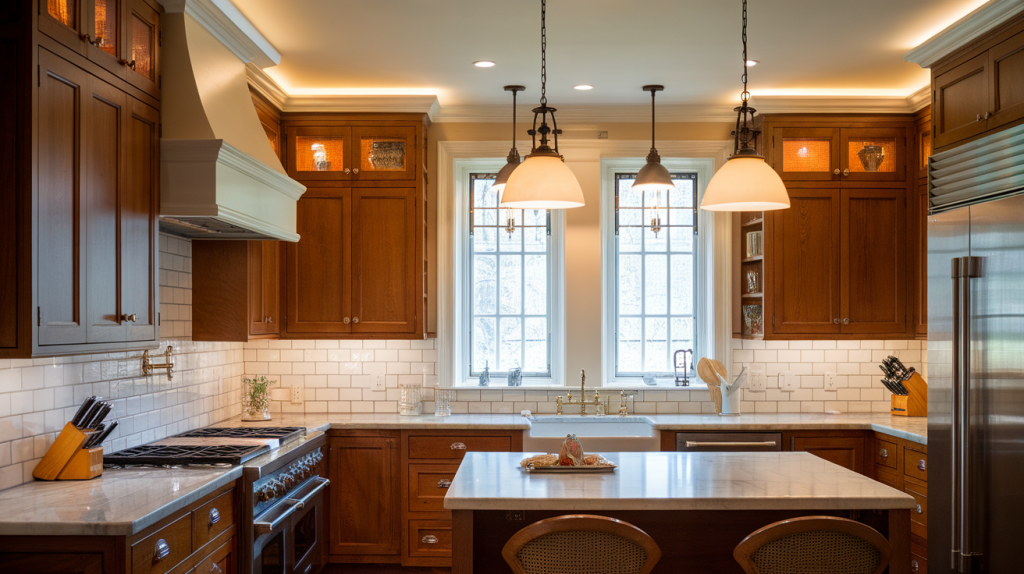 warm layered lighting traditional kitchen