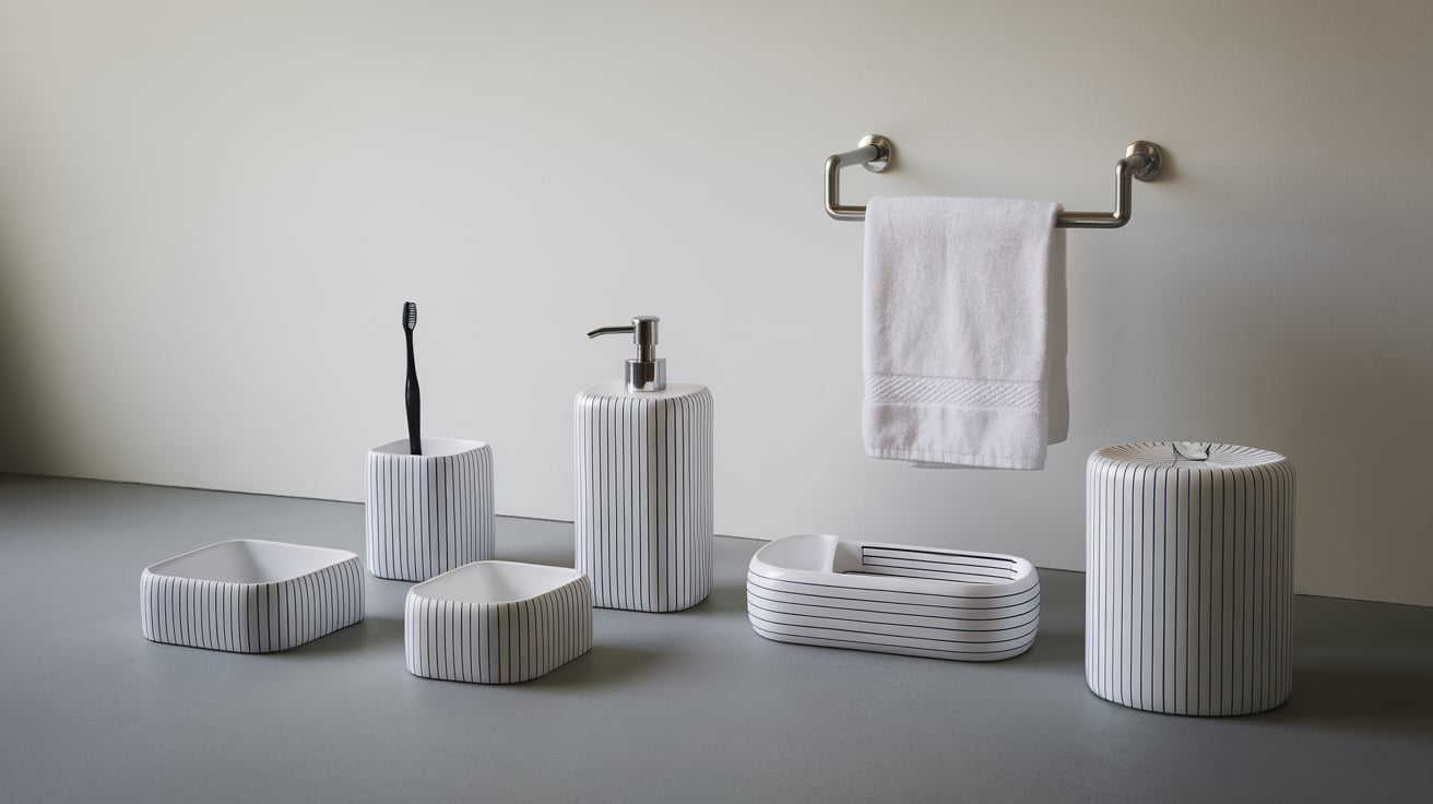 white accessories black lines black and white bathroom