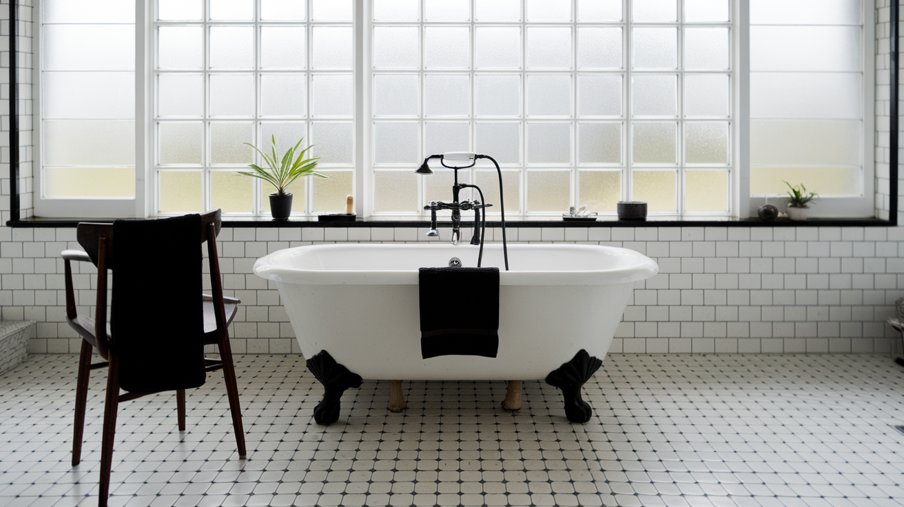 white bathtub black accents black and white bathroom