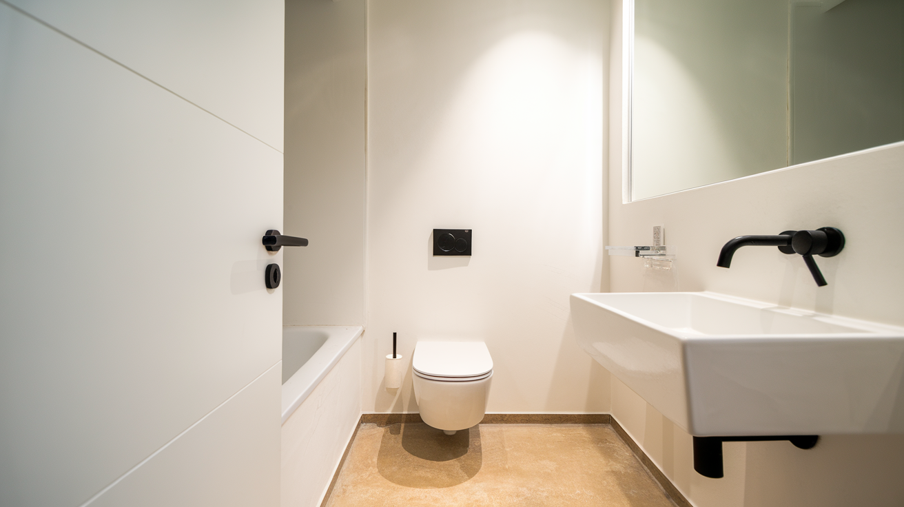 white door black handle black and white bathroom