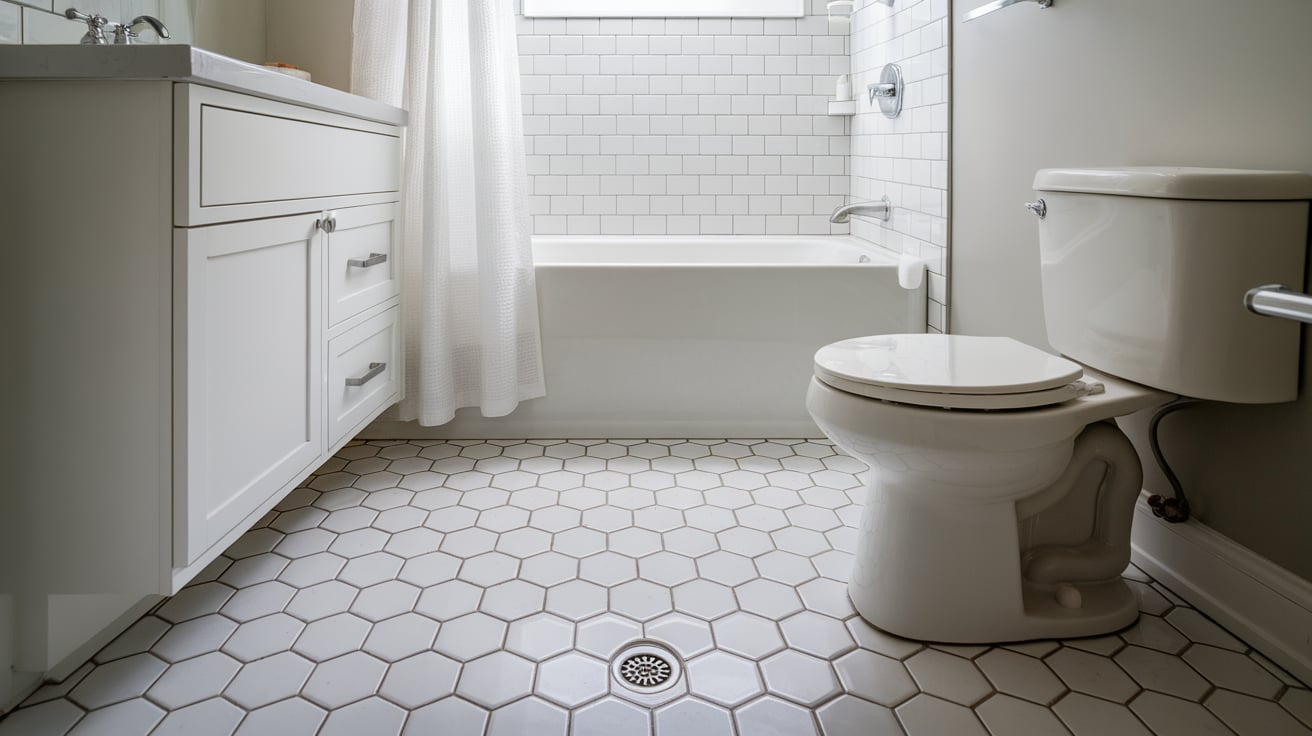 white hex tile floor black and white bathroom