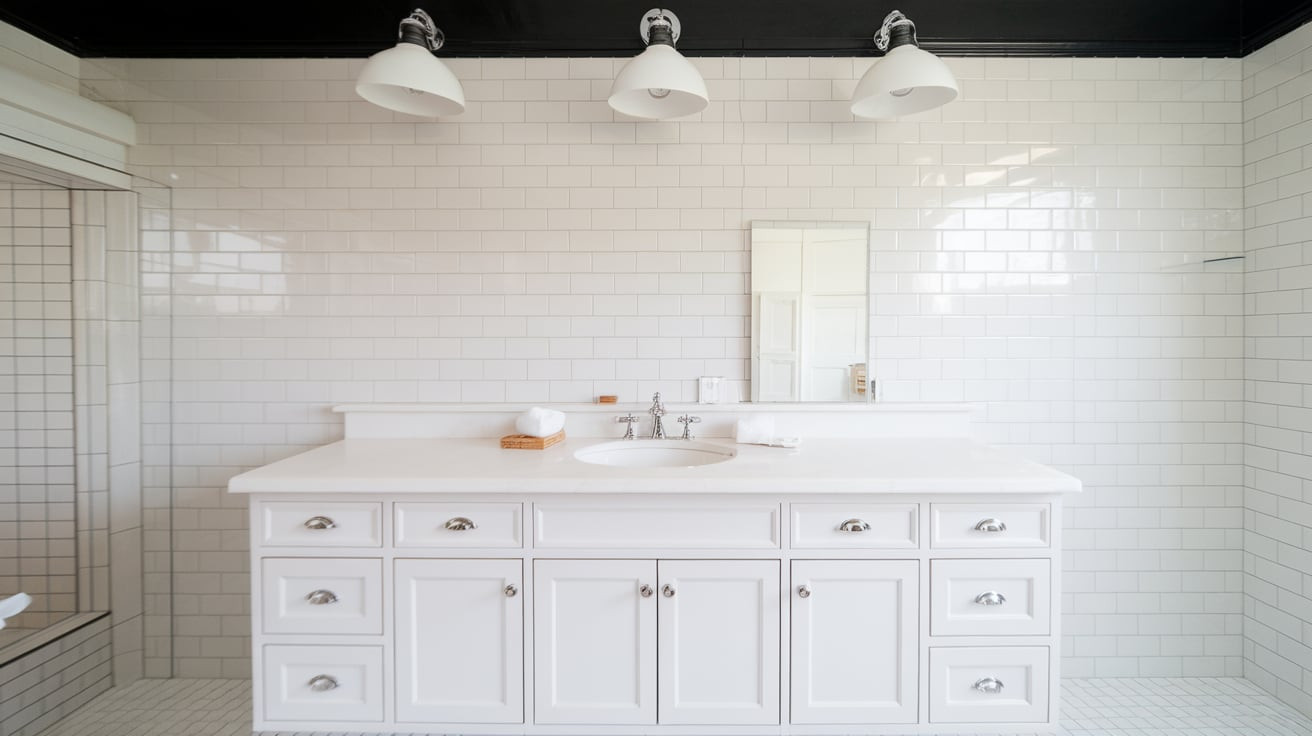 white pendant lighting black and white bathroom