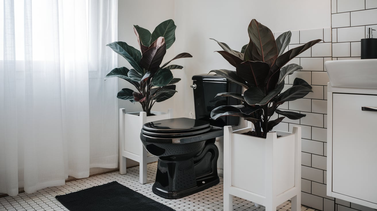 white planters green plants black and white bathroom