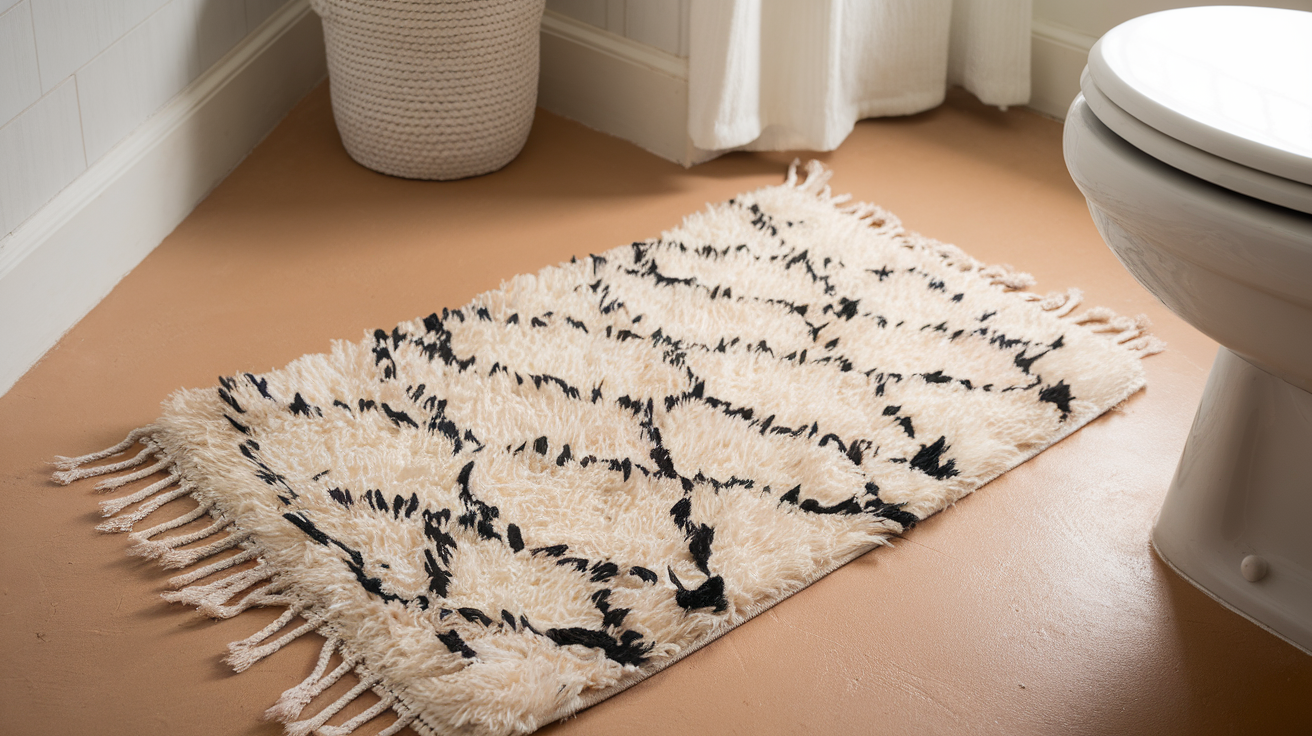 white rug black detail black and white bathroom