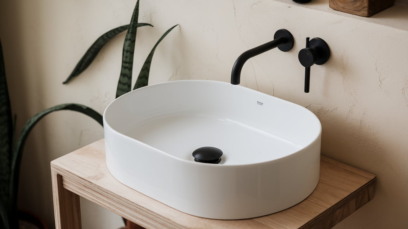 white sink black detail black and white bathroom