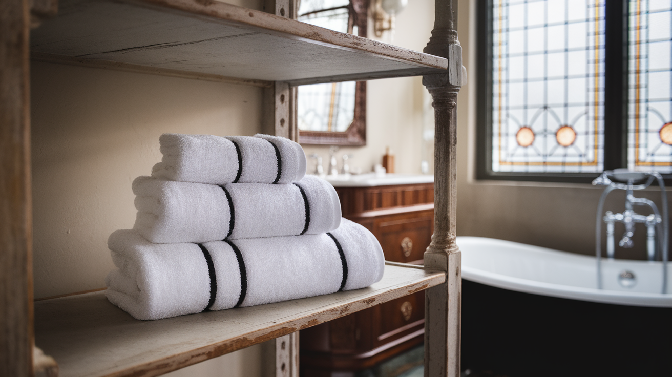 white towels black border black and white bathroom