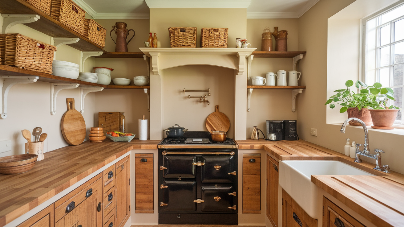 wicker basket storage in kitchen english cottage style