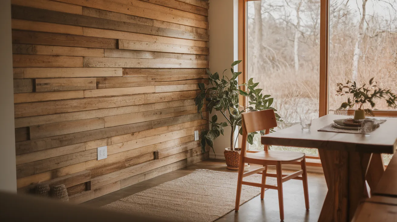 wood plank dining room accent wall idea