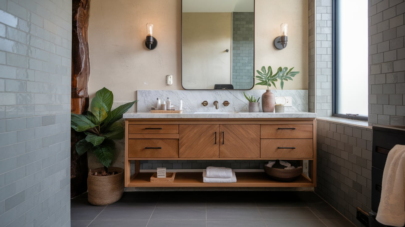 wood vanity warm accents contemporary bathroom ideas