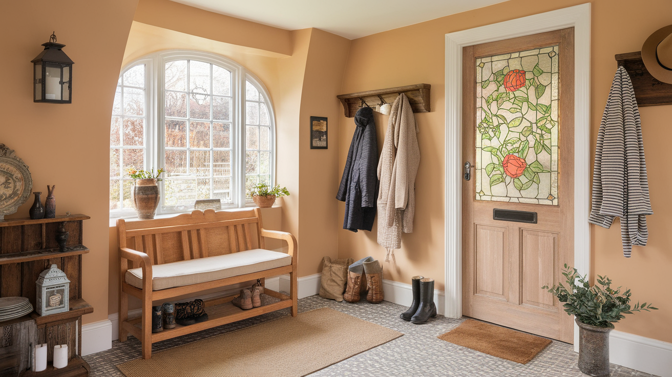 wooden bench in entryway english cottage style