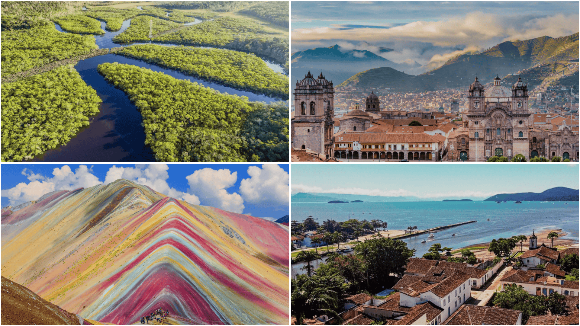 4-panel collage of South American landscapes a winding jungle river, Cusco’s historic plaza, Rainbow Mountain, and a coastal town.