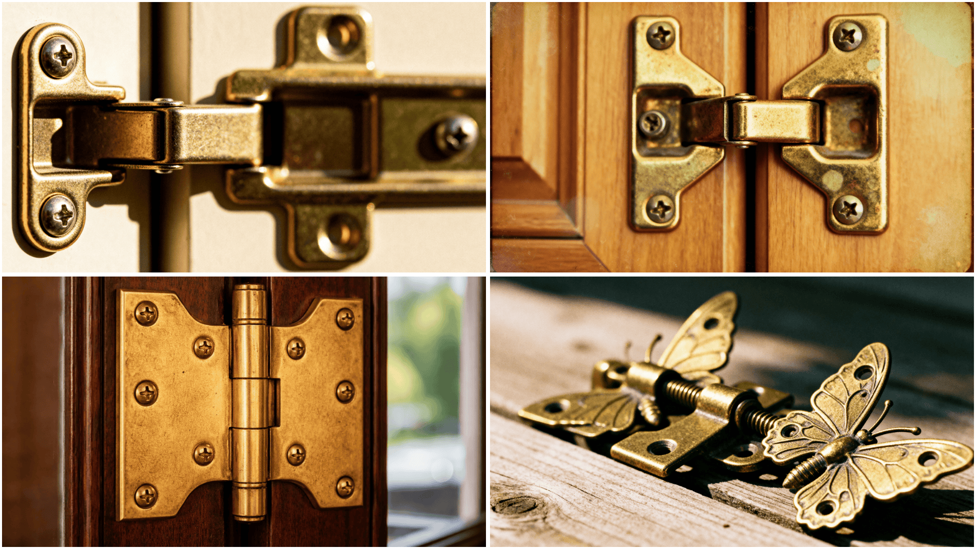 A grid showing four types of brass hinges a European cabinet style, a standard flush mount, an H-hinge, and a butterfly hinge.