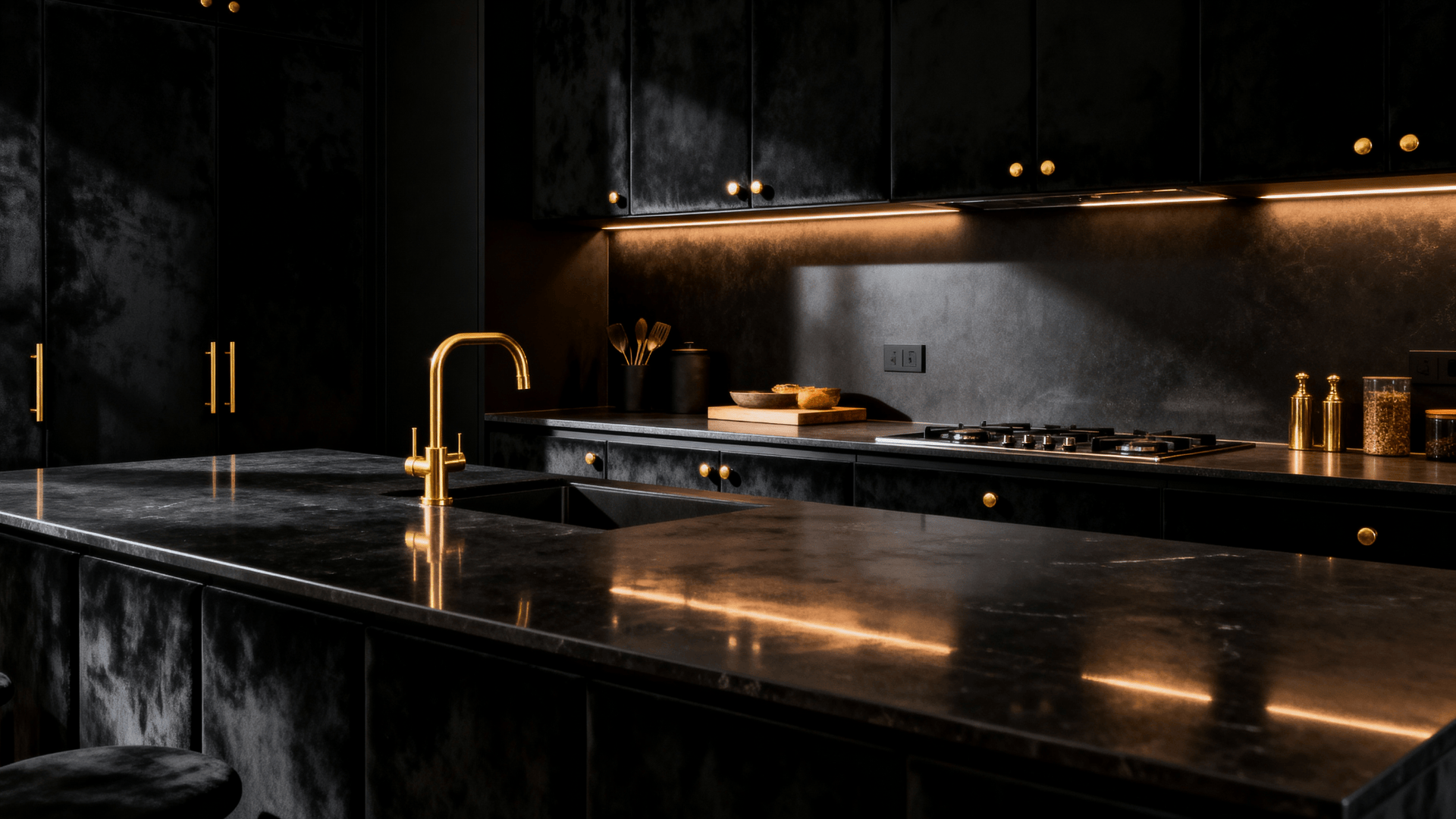 A luxurious modern kitchen with dark textured black cabinets, black stone countertops, and elegant gold fixtures, glowing under warm under cabinet lighting.