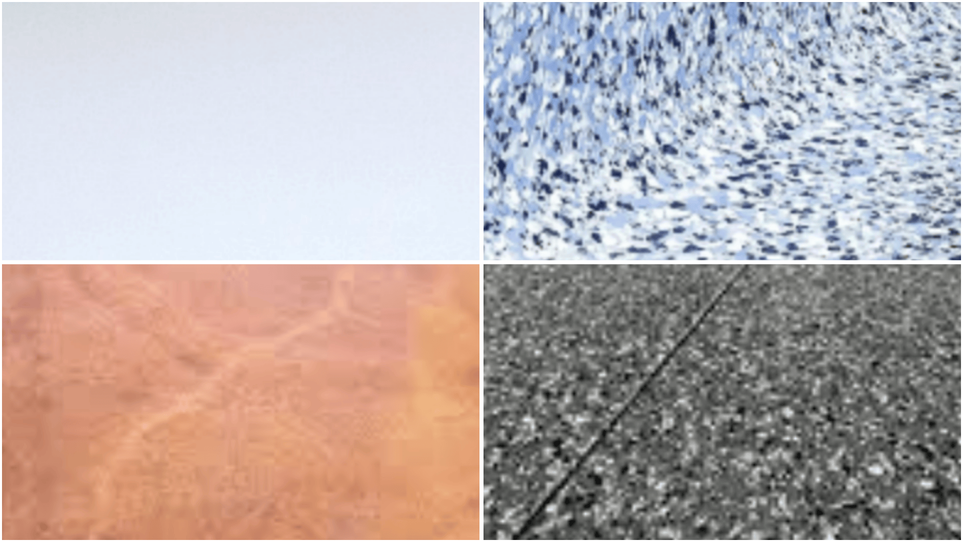 Abstract 2x2 collage of four textured surfaces gray speckled concrete, black terrazzo with a seam, blue-white pattern, and tan stone.