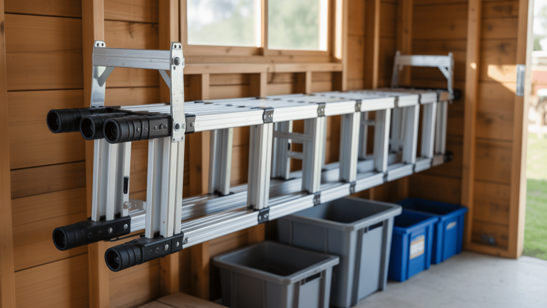 Aluminum extension ladder mounted horizontally on wooden shed wall, with storage bins below and window in background