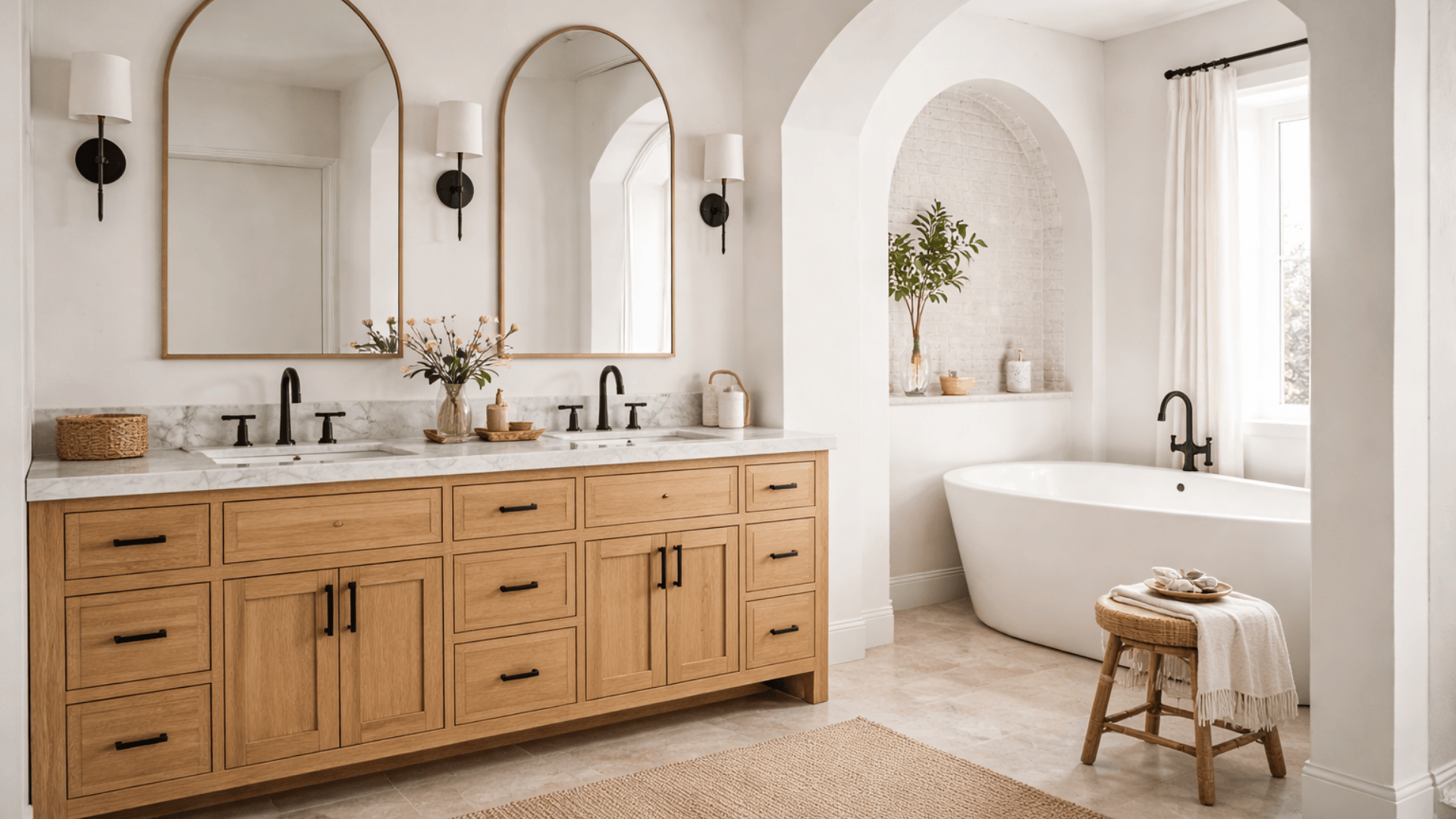 Bathroom with repetition of arches, oak vanity, marble top, matte black fixtures, woven textures, and freestanding tub.