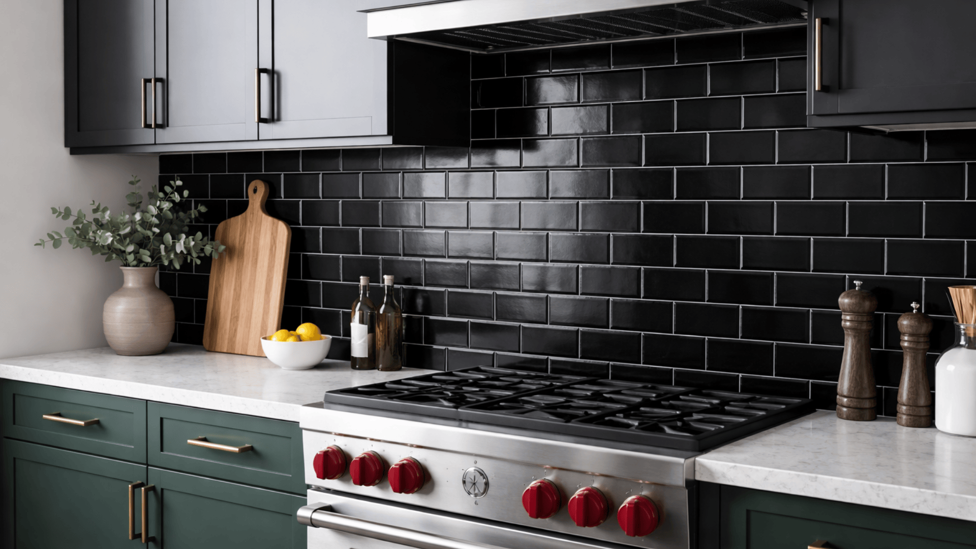 Black subway tile backsplash in a modern kitchen, adding moody texture and contrast with sleek cabinets and clean countertops.