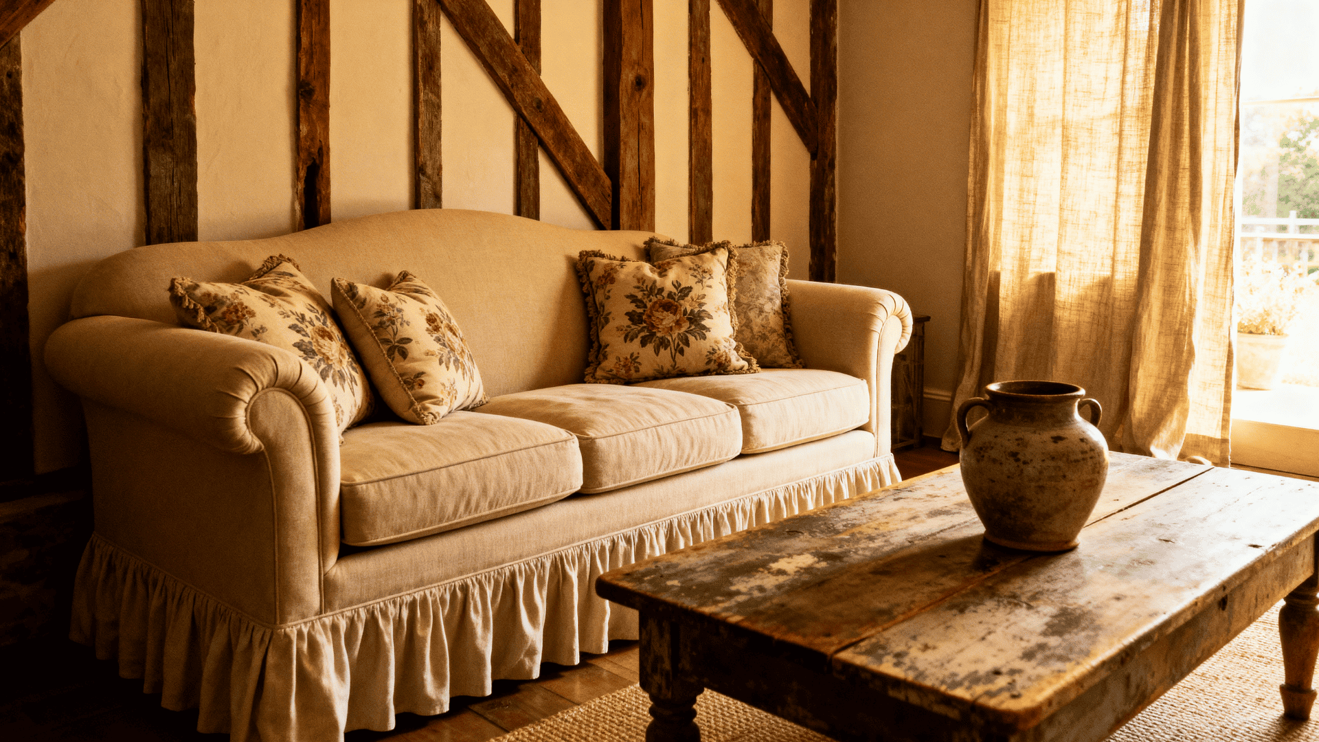 Bridgewater sofa with rolled arms and skirted base in a cozy farmhouse living room.