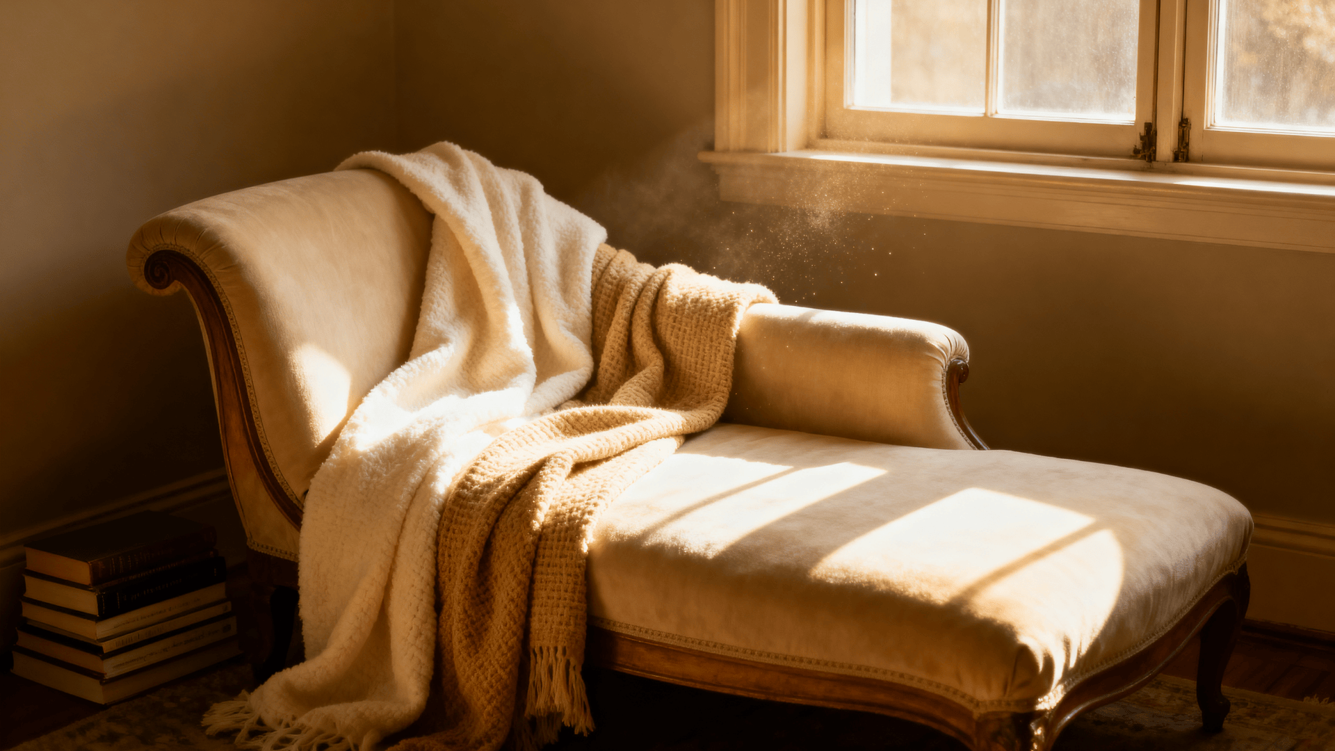Chaise lounge positioned by a window creating a cozy reading corner.
