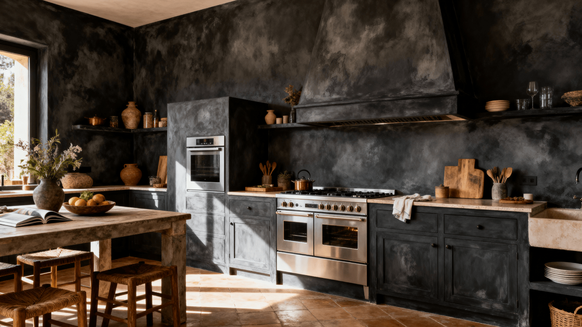 Charcoal textured plaster walls add handcrafted warmth and depth, creating an old world European feel in a refined modern kitchen.