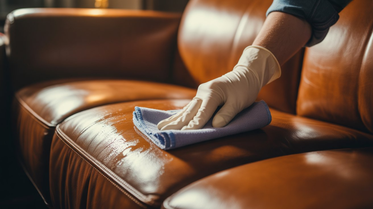 Cleaning a leather couch surface using a soft cloth and gentle wiping motion