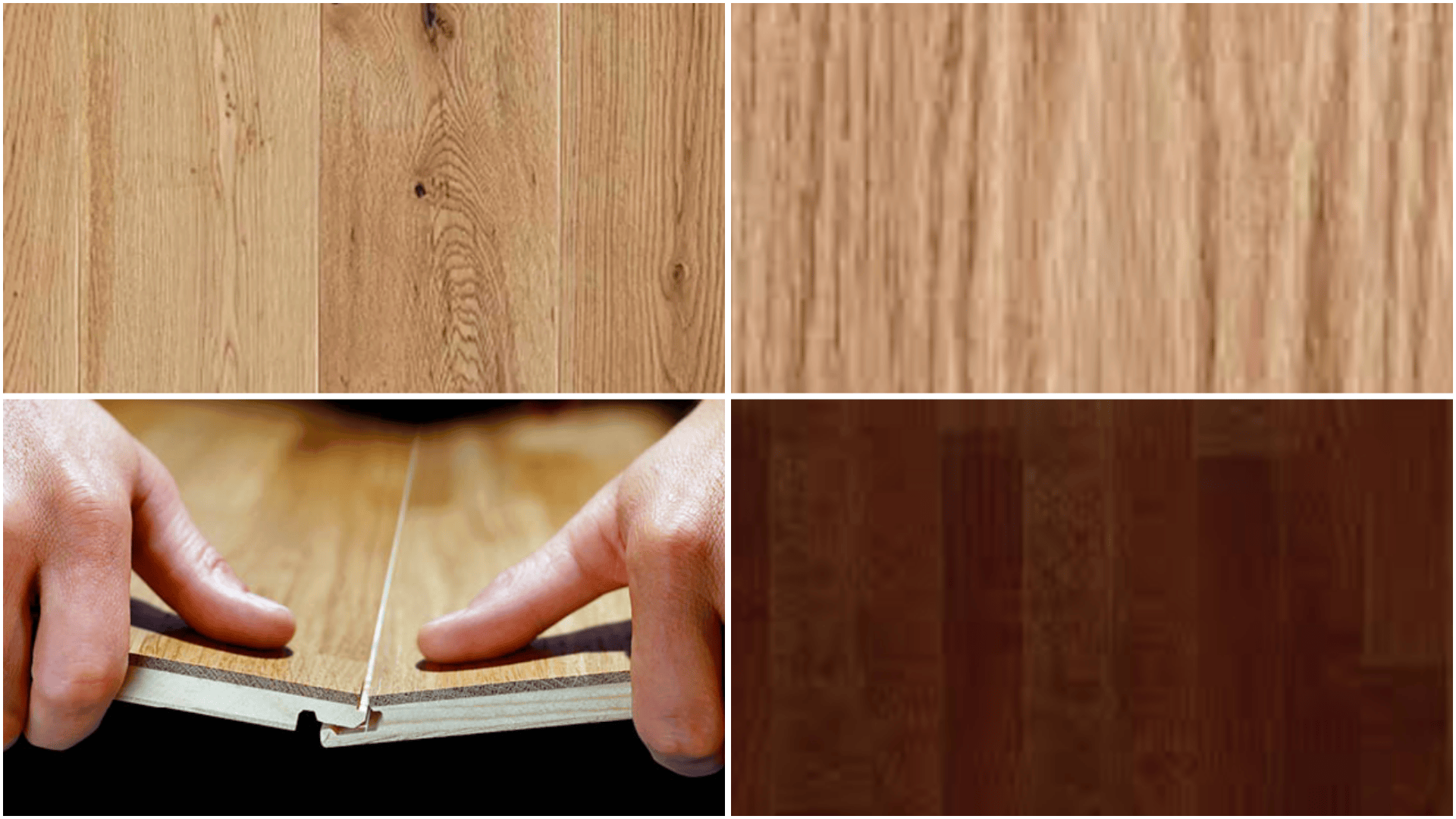 Close-up collage of wood flooring textures, including hands installing a plank, with light and dark wood grain samples in a grid.