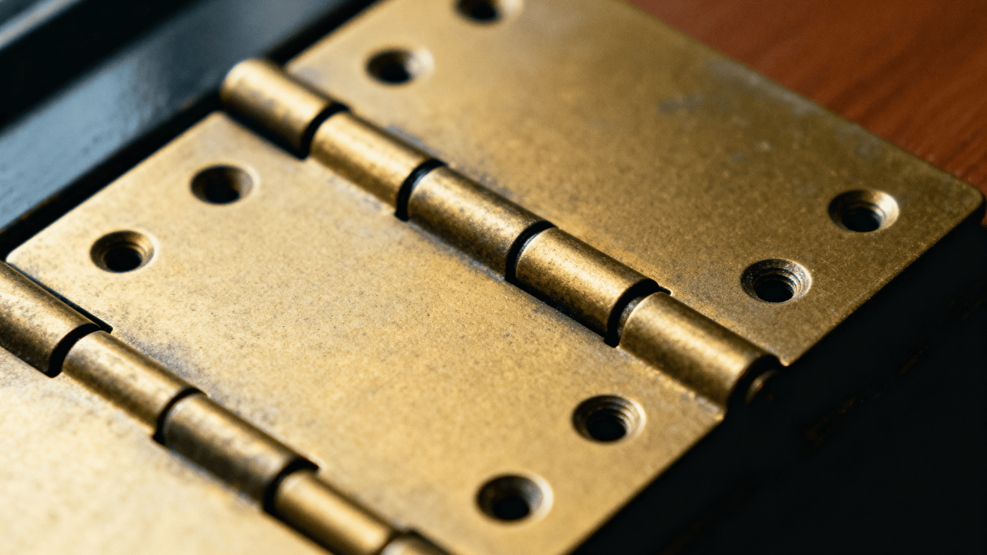 Close up of a brass continuous piano hinge mounted on wood, showing long connected knuckles, screw holes, and smooth metal finish.