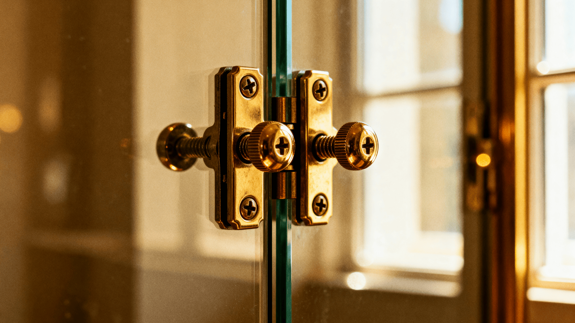 Close up of a brass glass door hinge with screws and adjustment knobs, mounted on a clear panel in warm indoor light.