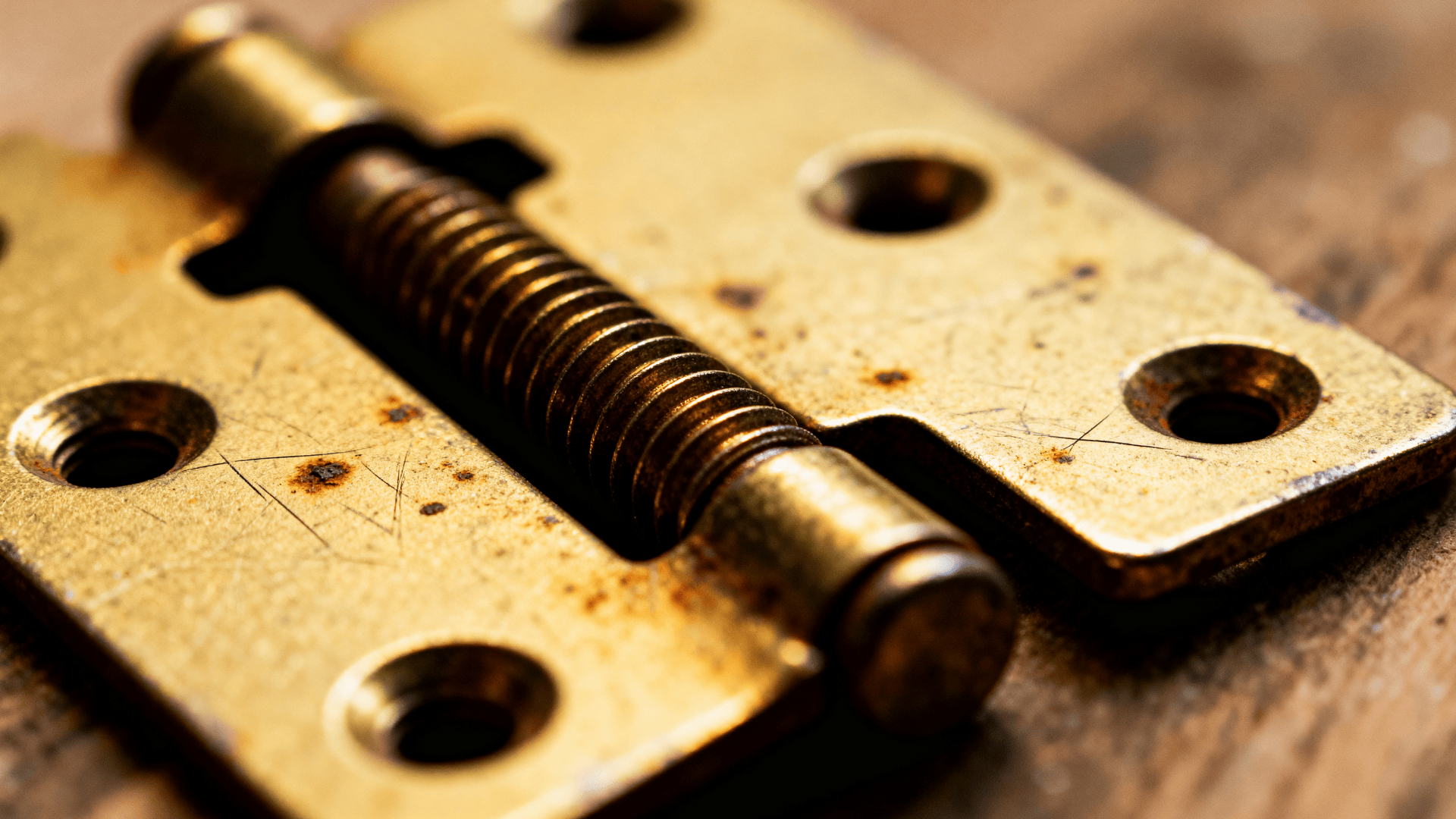 Close up of a brass pivot hinge with central spring mechanism, screw holes, and worn metal texture on a wooden surface.