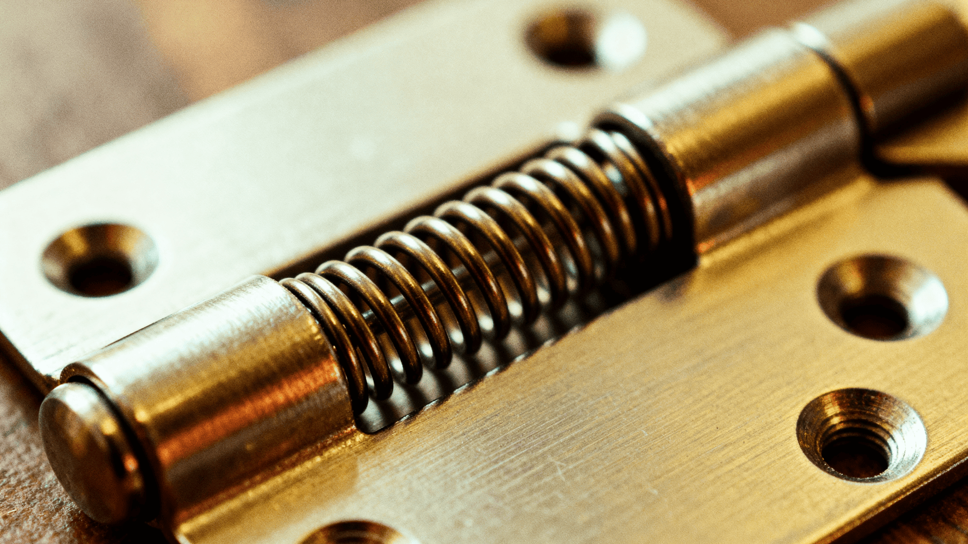 Close up of a brass spring loaded hinge, showing the metal coil and mounting plate with screw holes in sharp detail.