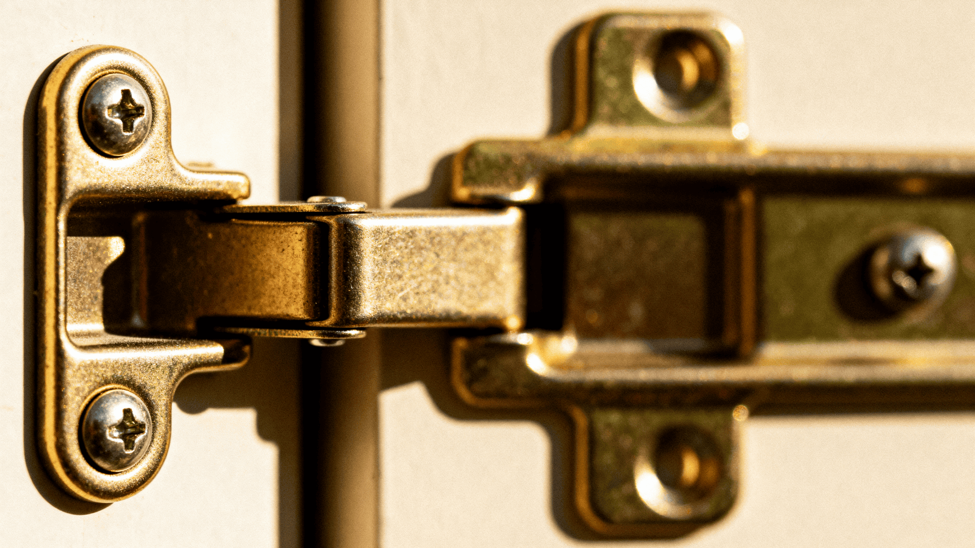 Close up of a concealed European cabinet hinge mounted on a door and frame, showing screws, metal arm, and plate.